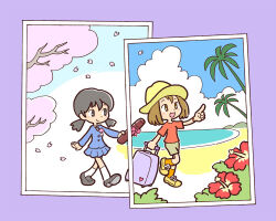  2girls :d beach blazer blue_jacket blue_skirt blue_sky branch brown_eyes brown_hair brown_shorts cherry_blossoms chibi clouds commentary_request flower graduation grey_eyes grey_hair grey_shoes hat hibiscus holding horizon jacket kabiinyo_(kab) long_hair low_twintails multiple_girls ocean orange_socks original palm_tree photo_(object) pleated_skirt pointing red_flower red_shirt rolling_suitcase sand school_uniform shirt shoe_soles shoes short_sleeves shorts skirt sky smile socks suitcase tree tube twintails walking water white_socks yellow_hat yellow_shoes 