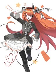 1girl a.i._voice absurdres adachi_rei alternate_costume alternate_hair_length_(longer) black_pantyhose cable coat gloves grey_coat hair_ribbon heart heart_of_string highres kaka_ka_k long_hair long_sleeves looking_at_viewer orange_eyes orange_hair pantyhose ribbon skirt solo standing standing_on_one_leg utau very_long_hair white_background white_gloves white_skirt 