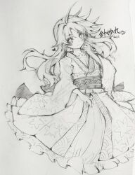  1girl absurdres alternate_hair_length_(longer) blush carbohydrate_(asta4282) character_name closed_mouth commentary_request frilled_kimono frills full_body greyscale highres japanese_clothes kimono long_hair long_sleeves looking_at_viewer missing_headwear monochrome obi sash smile solo sukuna_shinmyoumaru touhou traditional_media translation_request very_long_hair watermark wide_sleeves 