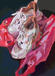  art_study bag black_background commentary elias_(elusivelisa_) english_commentary highres multicolored_shoes no_humans object_focus orange_shoes original plastic_bag shoes sneakers white_shoes 