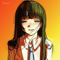 1girl alien_stage black_hair black_necktie carter_(itttttttk) collared_shirt commentary half-closed_eyes highres light_blush long_hair necktie orange_background school_uniform shirt signature solo sua_(alien_stage) sua_(zombie_stage) violet_eyes white_shirt zombie_stage 