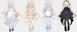  1girl absurdres alternate_costume alternate_hairstyle animal_ear_fluff animal_ears apron arknights arm_warmers black_capelet black_dress black_pantyhose black_shoes blonde_hair blue_hairband blue_jacket blue_leg_warmers bracelet capelet casual_one-piece_swimsuit chinese_commentary commentary_request dress food fox_ears fox_girl fox_tail frilled_apron frilled_dress frilled_hairband frills full_body gothic_lolita green_eyes green_hairband green_ribbon hairband hand_up highres holding holding_food holding_popsicle jacket jersey_maid jewelry kitsune kyuubi leg_warmers lolita_fashion long_hair long_sleeves looking_at_viewer maid miaoneko multicolored_hair multiple_tails multiple_views neck_ribbon one-piece_swimsuit pantyhose pink_one-piece_swimsuit popsicle puffy_long_sleeves puffy_sleeves ribbon sandals shoes smile standing striped_arm_warmers suzuran_(arknights) swimsuit tail thigh-highs twintails two_side_up unconventional_maid variations white_apron white_dress white_hair white_hairband white_ribbon white_shoes white_thighhighs 