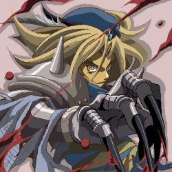  1boy armor artist_request beret blonde_hair blood blue_hat blue_shirt brown_eyes claws closed_mouth evil_smile fingernails grey_feathers hat hat_feather kevin_(seiken_densetsu_3) long_fingernails looking_at_viewer lowres male_focus medium_hair oekaki pauldrons print_headwear second-party_source seiken_densetsu seiken_densetsu_3 sharp_fingernails shirt shoulder_armor skull_print smile solo spiked_pauldrons spikes torn_clothes torn_shirt upper_body vambraces very_long_fingernails yellow_shirt 