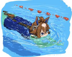  1girl 4me_4ma animal_ears blue_eyes blue_one-piece_swimsuit braid brown_hair commentary_request epiphaneia_(umamusume) hair_between_eyes hair_tuft horse_ears horse_girl horse_tail lane_line long_hair multicolored_hair one-piece_swimsuit partially_submerged pool school_swimsuit solo streaked_hair swimming swimsuit tail umamusume water 