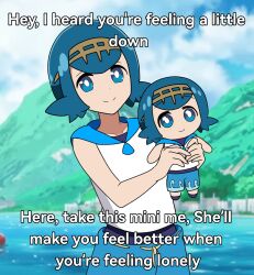  1girl blue_eyes blue_hair blue_pants blue_sailor_collar blue_sky bright_pupils capri_pants character_doll clouds doll english_text gold_hairband hairband highres holding holding_doll lake lana_(pokemon) lanaposting mountainous_horizon no_sclera one-piece_swimsuit outdoors pants pokemon pokemon_(anime) pokemon_the_series:_sun_&amp;_moon sailor_collar shirt short_hair sky sleeveless sleeveless_shirt smile solo standing swimsuit swimsuit_under_clothes wave_print white_pupils white_shirt 