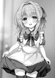  1girl :d absurdres alternate_costume apron blurry blurry_background blush bow bowtie breasts commentary_request cowboy_shot dress enmaided frilled_apron frills grey_background greyscale hair_intakes hair_ribbon hakugan half_updo hamidashi_creative highres holding_own_dress looking_at_viewer maid maid_apron medium_hair monochrome nishiki_asumi open_mouth puffy_short_sleeves puffy_sleeves ribbon second-party_source short_sleeves sidelocks simple_background smile solo thigh-highs 