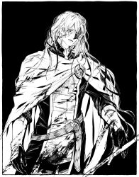  1boy belt bishounen black_background blood blood_on_clothes border cape closed_mouth commentary_request greyscale highres holding holding_sword holding_weapon long_hair male_focus monochrome octopath_traveler octopath_traveler:_champions_of_the_continent octopath_traveler_0 sazantos_(octopath_traveler) simple_background solo standing sword takenoko_gungun wavy_hair weapon white_border 