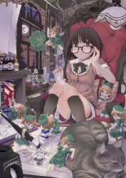  6+girls armchair artist_glove black_hair bookshelf brown_hair cat chair commentary_request drawing_(action) dress fairy fantasy full_moon glasses green_dress highres indoors long_hair mini_person minigirl moon multiple_girls night original short_hair shorts sitting socks yamamoto_kyou 