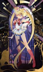  1girl artist_name bishoujo_senshi_sailor_moon black_cat blonde_hair blue_eyes boots bow bright_pupils cat choker circlet crescent crescent_earrings dated double_bun earrings elbow_gloves full_body gloves gold_choker hair_bun hasebe_(mihuashi_2533497) heart heart_choker highres jewelry knee_boots long_hair long_legs looking_at_viewer luna_(sailor_moon) magical_girl multicolored_skirt one_eye_closed red_boots red_bow sailor_moon shirt skirt sleeveless sleeveless_shirt smile solo standing super_sailor_moon twintails very_long_hair white_gloves white_pupils white_shirt white_skirt 