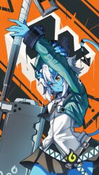  black_skirt blue_horns blue_oni blue_skin colored_skin hair_between_eyes hair_between_horns highres holding horns hsywart jacket necktie oni open_mouth pointy_ears red_eyes shirt short_hair skirt soukaku_(zenless_zone_zero) tail white_hair white_shirt zenless_zone_zero 