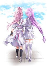  2girls ^_^ belt black_gloves black_socks braid clenched_hand closed_eyes commentary day facing_another fingerless_gloves floating_hair frilled_thigh_strap frilled_thighhighs frills from_behind full_body gloves hair_ribbon hand_on_another's_back heaven_burns_red highres kneehighs kura_satomi kurage_(kurage19) long_hair long_sleeves low-tied_long_hair medium_skirt miniskirt multiple_girls open_mouth outdoors pink_hair pleated_skirt ponytail profile purple_hair red_ribbon ribbon ribbon_in_braid shirt shoe_soles shoes single_braid skirt sleeves_rolled_up smile socks thigh-highs thigh_strap tile_floor tiles tsukishiro_monaka very_long_hair walking white_belt white_ribbon white_shirt white_shoes white_skirt white_thighhighs zettai_ryouiki 
