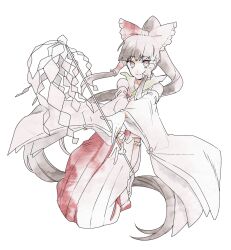  1girl alternate_hair_length_(longer) bow closed_mouth detached_sleeves frilled_bow frilled_hair_tubes frills full_body gohei grey_hair hair_bow hair_tubes hakama hakama_skirt hakurei_reimu highres hinabu holding holding_gohei japanese_clothes long_hair long_sidelocks long_sleeves nontraditional_miko ponytail red_bow red_eyes red_hakama red_vest ribbon-trimmed_sleeves ribbon_trim seiza sidelocks simple_background sitting skirt smile solo touhou very_long_hair vest white_background white_sleeves wide_sleeves 