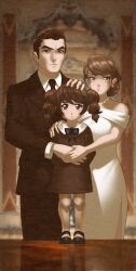  1boy 2girls aged_down alternate_hair_color bare_shoulders black_shoes blue_eyes blurry blurry_background blush brown_dress brown_eyes brown_hair brown_jacket brown_necktie brown_pants brown_suit carmel_vanille child collared_dress collared_shirt dress earrings erin_winn eyelashes family father_and_child father_and_daughter fingernails hand_on_another's_head hand_on_another's_shoulder holding_hands husband_and_wife jacket jewelry jimmy_vanille medium_hair mother_and_child mother_and_daughter multiple_girls necktie neopolitan_(rwby) official_art pants parent_and_child rwby shirt shoes short_hair standing suit suit_jacket third-party_source twintails white_dress 