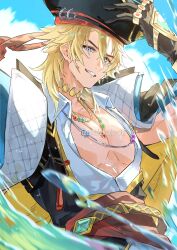  1boy absurdres alternate_costume arm_up bare_pectorals belt black_gloves black_hat black_jacket blonde_hair blue_eyes blue_gem cape chaichaiwolf clouds collared_shirt commentary cowboy_shot english_commentary gem genshin_impact gloves gold_trim hair_behind_ear hair_between_eyes hand_on_own_head hat highres jacket looking_at_viewer male_focus medium_hair open_clothes open_shirt outdoors parted_lips pectorals pierced_hat pirate_costume pirate_hat shirt sky smile solo two-sided_cape two-sided_fabric varka_(genshin_impact) water white_shirt wing_collar 