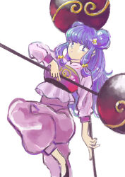  1girl absurdres bell chinese_clothes chui_(weapon) commentary_request double_bun hair_bell hair_bun hair_ornament highres holding holding_weapon long_hair looking_at_viewer m-hanakaze pants pink_pants purple_hair ranma_1/2 shampoo_(ranma_1/2) sidelocks simple_background weapon white_background 