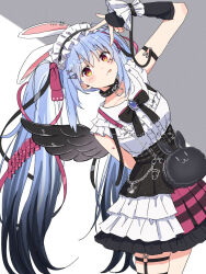  1girl :p ama_(ama_ekaku) animal_ear_fluff animal_ear_piercing animal_ears arm_behind_back arm_strap arm_up bag belt black_bag black_belt black_bow black_choker black_hair black_ribbon black_skirt black_wings blue_hair blush_stickers bow brooch carrot choker choppy_bangs commentary_request cowboy_shot dot_nose facial_mark fake_wings feathered_wings fingerless_gloves frilled_hairband frilled_shirt frilled_skirt frilled_sleeves frills gem gloves gradient_hair grey_background hair_ornament hair_ribbon hairband hairclip heart heart_facial_mark high-waist_belt highres hikimayu hololive inward_w jewelry layered_skirt leaning_to_the_side long_hair looking_at_viewer miniskirt multicolored_hair multicolored_skirt multiple_hairclips o-ring o-ring_arm_strap o-ring_thigh_strap official_alternate_costume official_alternate_hairstyle orange_eyes purple_gem purple_ribbon purple_skirt rabbit rabbit-shaped_pupils rabbit_ears rabbit_girl rabbit_o-ring ribbon shirt shirt_tucked_in short_eyebrows short_sleeves shoulder_bag sidelocks simple_background single_fingerless_glove single_wing skindentation skirt solo spiked_choker spikes symbol-shaped_pupils thick_eyebrows thigh_strap tongue tongue_out twintails two-tone_background usada_pekora usada_pekora_(punk_angel) very_long_hair virtual_youtuber w wallet_chain white_background white_hair white_hairband white_headdress white_shirt white_skirt wings wrist_belt x_hair_ornament 