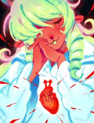  1girl animal_ears antlers blonde_hair blood blush buck_teeth closed_eyes deer_antlers deer_ears deer_girl deltarune furry furry_female heart highres horns noelle_holiday noelle_holiday_(dark_world) reindeer_girl robe smile solo teeth tsusealyangel utdr_(toby_fox) white_robe 