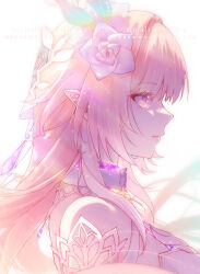  1girl breasts commentary cyrene_(demiurge)_(honkai:_star_rail) cyrene_(honkai:_star_rail) diamond-shaped_pupils diamond_(shape) dress flower from_side hair_flower hair_ornament highres honkai:_star_rail honkai_(series) large_breasts long_hair motituki pink_hair pointy_ears simple_background solo symbol-shaped_pupils upper_body very_long_hair violet_eyes white_background white_dress 