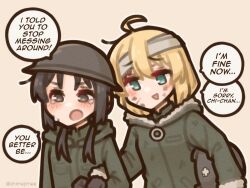 2girls ahoge bandaged_head bandages black_eyes black_hair blonde_hair blue_eyes brodie_helmet bruise bruise_on_face chito_(shoujo_shuumatsu_ryokou) coat combat_helmet crying crying_with_eyes_open english_text fur_trim gloves helmet highres holding injury long_hair long_sleeves low_twintails military_uniform multiple_girls open_mouth shimejimee shoujo_shuumatsu_ryokou simple_background speech_bubble tears twintails twitter_username yuuri_(shoujo_shuumatsu_ryokou) 