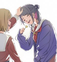  2girls :d ^_^ backlighting black_hair blush bob_cut brown_dress brown_hair candy cardigan chupa_chups closed_eyes colored_inner_hair commentary cowboy_shot double_bun dress facing_another food hair_bun hasu_no_sora_school_uniform headpat holding holding_candy holding_food holding_lollipop inverted_bob kachimachi_kosuzu lollipop long_sleeves love_live! love_live!_hasu_no_sora_jogakuin_school_idol_club multicolored_hair multiple_girls neckerchief open_cardigan open_clothes open_mouth pink_hair porari purple_cardigan red_neckerchief sailor_collar sailor_dress school_uniform shinowa_mion short_hair simple_background sleeves_past_wrists smile two_side_up virtual_youtuber white_background white_sailor_collar winter_uniform 