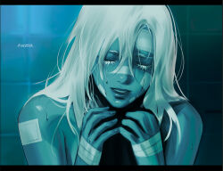  alien_stage ariane_yeong closed_eyes colored_eyelashes commentary english_commentary gauze gauze_on_arm gauze_on_face highres kontuzhenaya long_hair scene_reference signalis song_name tile_wall tiles white_hair 
