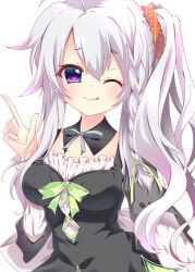  1girl 9-nine- :q ;q ahoge alternate_costume back_bow black_dress blush bow bowtie braid breasts closed_mouth commentary_request cowboy_shot detached_collar dress dress_bow enmaided eyes_visible_through_hair green_bow green_ribbon grey_bow grey_bowtie grey_hair hair_between_eyes hair_ornament hair_ribbon hair_scrunchie hand_up happy highres index_finger_raised large_breasts long_hair long_sleeves looking_at_viewer maid niimi_sora nine_ball_maid_uniform one_eye_closed print_scrunchie red_scrunchie ribbon sample_watermark scrunchie side_ponytail sidelocks simple_background single_braid smile solo star_(symbol) star_print sukonbu385 tehepero tongue tongue_out violet_eyes watermark white_background white_bow white_sleeves 