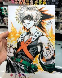  1boy art_tools_in_frame artist's_hand_in_frame bakugou_katsuki black_mask black_pants black_shirt blonde_hair boku_no_hero_academia commentary english_commentary explosion explosion_background explosive grenade grin harness highres male_focus marker_(medium) mask orange_eyes pants photo_(medium) shirt signature sleeveless smile solo spiky_hair stanley_lau toned toned_male traditional_media 