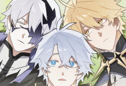  3boys antenna_hair black_bodysuit black_cape blonde_hair blue_eyes bodysuit bright_pupils cape chu_asdf closed_eyes closed_mouth commentary cracked_skin crossed_bangs day diamond-shaped_pupils diamond_(shape) eyelashes grass grey_hair hair_between_eyes highres honkai:_star_rail honkai_(series) hood hooded_cape looking_at_another lying male_focus multiple_boys multiple_persona neck_tattoo on_back open_mouth orange_eyes outdoors phainon_(flame_reaver)_(honkai:_star_rail) phainon_(honkai:_star_rail) phainon_(khaslana)_(honkai:_star_rail) shadow short_hair sun_symbol sun_tattoo symbol-shaped_pupils tattoo white_hair white_pupils 