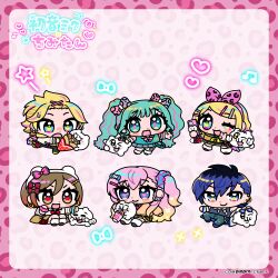 2boys 4girls :d ;d animal_print anya_(12939) aqua_eyes aqua_hair bangs_pinned_back black_hair black_sailor_collar black_shoes blue_eyes blue_hair blue_pants blush bow bow_hairband brown_eyes brown_hair cellphone_charm character_name charm_(object) chibi chibi_only closed_mouth commentary_request company_name copyright_notice crepe drink ear_piercing food full_body gradient_hair grey_skirt hair_ornament hair_scrunchie hairband hairclip hatsune_miku heart heart-shaped_pupils holding holding_phone kagamine_len kagamine_rin kaito kaito_(vocaloid) leopard_print megurine_luka meiko meiko_(vocaloid) multicolored_hair multiple_boys multiple_girls musical_note neckerchief official_art one_eye_closed open_mouth pants phone piercing pink_background pink_bow pink_hair pink_hairband pleated_skirt red_hair sailor_collar scrunchie second-party_source shirt shoes side_ponytail skirt smile socks star_(symbol) symbol-shaped_pupils translation_request twintails two-tone_hair vocaloid white_socks x_hair_ornament yellow_neckerchief yellow_shirt