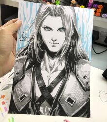  1boy 2017 armor art_tools_in_frame artist's_hand_in_frame blue_eyes chest_strap closed_mouth commentary curtained_hair english_commentary final_fantasy final_fantasy_vii highres long_hair looking_at_viewer male_focus marker_(medium) photo_(medium) sephiroth shoulder_armor signature solo spot_color stanley_lau straight-on traditional_media upper_body 