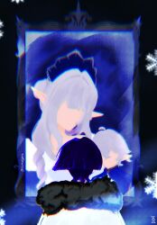  1girl 2boys absurdres ahoge anastasya_feodorovna_snezhnaya black_background black_hair blue_hair blue_robe blue_shirt blunt_bangs blunt_ends ccandyless center-flap_bangs character_request coat crossed_bangs faceless faceless_female faceless_male facing_another fatui_coat fur-trimmed_coat fur-trimmed_robe fur_trim genshin_impact hair_between_eyes hair_bun hair_over_shoulder highres kokoshnik long_hair mother_and_child mother_and_son multicolored_hair multiple_boys painterly parent_and_child pointy_ears portrait_(object) ringlets robe royal_robe scaramouche_(genshin_impact) shirt sidelocks single_hair_bun snowflakes star_(symbol) streaked_hair twitter_username variant_set white_coat white_hair 