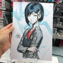  1girl art_tools_in_frame artist's_hand_in_frame blue_hair closed_mouth commentary darling_in_the_franxx delphinium_(darling_in_the_franxx) english_commentary green_eyes hair_ornament hairclip hand_on_own_arm ichigo_(darling_in_the_franxx) looking_at_viewer marker_(medium) medium_hair parasite_dress_uniform_(darling_in_the_franxx) photo_(medium) signature solo stanley_lau traditional_media upper_body 