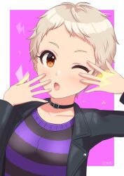  :o ;o black_choker black_jacket blonde_hair blush border choker collarbone commentary_request ear_piercing eyelashes fingernails highres idolmaster idolmaster_cinderella_girls jacket lightning_bolt_symbol one_eye_closed open_clothes open_jacket open_mouth orange_eyes piercing pink_background pixie_cut senzaki_ema shirt short_hair signature striped_clothes striped_shirt two-tone_shirt very_short_hair wgm_oekaki white_border 