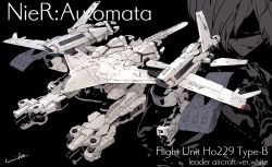  1girl 2b_(nier:automata) 2boys black_background blindfold closed_mouth commentary copyright_name covered_eyes dress flight_unit_ho229 highres himiko_(326ontheweb) mecha missile_pod mole mole_under_mouth multiple_boys nier:automata nier_(series) robot short_hair signature untranslatable_commentary vehicle_focus vehicle_name 