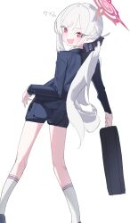  1girl absurdres alternate_costume bag black_shoes black_shorts blue_archive briefcase from_behind grey_hair hair_ornament hair_scrunchie halo highres holding holding_bag holding_briefcase jacket long_hair long_sleeves looking_at_viewer looking_back mamyu_040 mutsuki_(blue_archive) mutsuki_(suit)_(blue_archive) open_mouth pink_eyes pointy_ears red_halo scrunchie shoes shorts side_ponytail simple_background smile socks solo white_background white_hair white_socks 