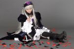  cosplay feathers kneehighs rose_petals rozen_maiden ruffles silver_hair suigintou suzukaze_yuuki 