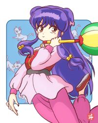  1girl absurdres bell bifudon bow cat chinese_clothes chui_(weapon) commentary_request hair_bell hair_bow hair_ornament highres holding holding_weapon long_hair pants pink_bow pink_pants purple_hair ranma_1/2 shampoo_(cat) shampoo_(ranma_1/2) sidelocks smile weapon 