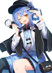 1girl :d ;d absurdres bag black_capelet black_hat blue_hair blush bow braid braided_hair_rings capelet commentary_request deerstalker detective hair_rings hand_on_own_head hat highres holding holding_magnifying_glass long_hair long_sleeves looking_at_viewer magnifying_glass mahou_shoujo_no_majo_saiban nodoameyatou one_eye_closed open_mouth shirt shoulder_bag simple_background sitting skirt smile solo tachibana_sherry twintails white_background yellow_eyes 