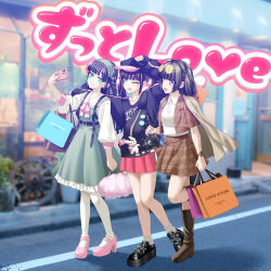  3girls :p absurdres album_cover ankle_socks aoyama_mei badge bag black_shirt blue_eyes blue_hair boots bracelet brown_boots brown_hair brown_jacket brown_skirt button_badge charm_(object) closed_mouth cover cropped_jacket dress eyewear_on_head frills green_dress hakoiriotome hat high_heels highres holding holding_bag holding_phone idol_clothes jacket jacket_on_shoulders jewelry knee_boots long_sleeves miniskirt momoyama_himeka multiple_girls one_eye_closed open_clothes open_jacket open_mouth paper_bag phone pink_shoes pink_skirt plaid_clothes polo_shirt purple_hair shirt shoes short_hair short_sleeves shoulder_bag skirt sneakers socks standing thigh-highs three-quarter_sleeves tongue tongue_out under-ichigo violet_eyes white_thighhighs yuzuhara_miyu 