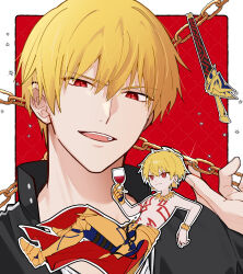 1boy armor blonde_hair chain chest_tattoo closed_mouth commentary cup drinking_glass ea_(fate) earrings fate_(series) gilgamesh_(fate) gilgamesh_(immoral_biker_jacket)_(fate) gold_armor gold_chain gold_earrings gold_necklace hand_up highres holding holding_cup jewelry kno_145 looking_at_viewer male_focus necklace open_mouth red_eyes short_hair shoulder_tattoo stomach_tattoo tattoo teeth topless_male upper_teeth_only wine_glass 