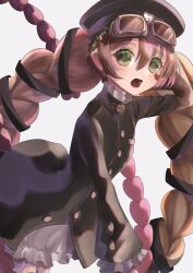  1girl 7753 absurdres blush braid buttons english_commentary frilled_skirt frills goggles goggles_on_head green_eyes hair_ornament hat heart heart_tattoo highres kagamiwor long_hair magical_girl mahou_shoujo_ikusei_keikaku mahou_shoujo_ikusei_keikaku_limited multicolored_hair open_mouth skirt tattoo twin_braids 