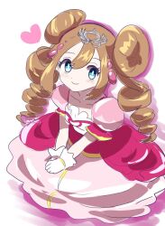  1girl aqua_eyes blush bright_pupils closed_mouth collarbone commentary_request double_bun dress drill_hair eyelashes gloves hair_between_eyes hair_bun hair_ornament heart long_hair official_alternate_costume official_alternate_hairstyle own_hands_together pink_dress pokemon pokemon_black_2_and_white_2 pokestar_studios puffy_short_sleeves puffy_sleeves rosa_(pokemon) sheyona short_sleeves simple_background smile solo tiara twin_drills twintails white_background white_gloves white_pupils 