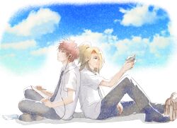 2boys alternate_costume asymmetrical_bangs back-to-back bag black_necktie blue_eyes clouds collared_shirt commentary_request deidara_(naruto) expressionless hair_over_one_eye headphones high_ponytail highres holding holding_notebook holding_pen implied_yaoi looking_to_the_side male_focus multiple_boys naruto_(series) naruto_shippuuden necktie notebook oishiiudon1240 origami outdoors paper_crane pen ponytail red_eyes red_hair sasori_(naruto) school_bag school_uniform shirt short_hair sitting sky smile white_shirt writing 