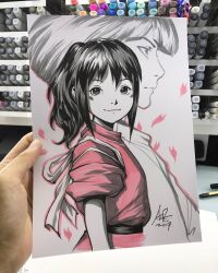  2017 art_tools_in_frame artist's_hand_in_frame black_eyes black_sash blush_stickers character_request commentary english_commentary highres japanese_clothes looking_at_viewer marker_(medium) ogino_chihiro partially_colored photo_(medium) ponytail ribbon sash sen_to_chihiro_no_kamikakushi signature stanley_lau traditional_media turning_head upper_body white_ribbon 