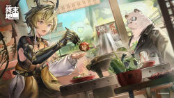  2boys animal_ears arknights arknights:_endfield arm_out_of_sleeve bishounen black_fur black_jacket bowl can chinese_commentary chopsticks clothes_writing commentary_request copyright_logo copyright_notice cowboy_shot da_pan_(arknights) dragon_bean_(arknights) dragon_boy dragon_horns dragon_tail drink_can earrings eastern_dragon_horns food furry furry_male green_hair highres holding holding_chopsticks horns hotpot jacket jacket_on_shoulders jewelry lifeng_(arknights) logo male_focus mandarin_collar mechanical_arms multiple_boys mushroom namanari official_art open_mouth panda_boy panda_ears pankou prosthesis prosthetic_arm shiitake shirt short_hair single_mechanical_arm sleeveless sleeveless_shirt sunglasses tail vegetable violet_eyes white_shirt 