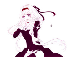  1girl breasts commentary cowboy_shot cross cross_necklace dress garter_straps hair_ribbon hairband huahafafa jewelry juliet_sleeves long_hair long_sleeves looking_at_viewer monochrome necklace open_mouth priest_(ragnarok_online) puffy_sleeves purple_theme ragnarok_online ribbon side_slit simple_background small_breasts smile solo thigh-highs 