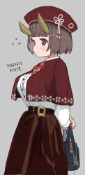  1girl absurdres arms_behind_back bag belt beret blunt_bangs blush bouhuman breasts brown_eyes brown_hair brown_skirt buttons capelet closed_mouth collared_shirt cowboy_shot dated dress_shirt flying_sweatdrops grey_background handbag hat highres holding holding_bag horns large_breasts long_sleeves neck_ribbon oni original red_capelet red_hat ribbon shirt shirt_tucked_in short_hair simple_background skirt smile solo standing thick_eyebrows white_shirt 