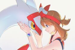  1girl absurdres blue_eyes bow bow_hairband brown_hair commentary_request e_l_d_i_n forehead-to-forehead hairband heads_together highres latias may_(pokemon) mega_ring pokemon pokemon_omega_ruby_and_alpha_sapphire red_bow red_hairband red_shirt shirt simple_background sleeveless sleeveless_shirt smile white_background yellow_eyes 