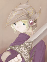  1boy alternate_costume alternate_weapon arechan armor blonde_hair blue_eyes brown_background cape commentary english_commentary fingerless_gloves gem gloves hand_up helmet high_collar holding holding_sword holding_weapon knight link male_focus pointy_ears purple_cape purple_gloves red_gem serious short_hair solo sword the_legend_of_zelda upper_body visor_(armor) weapon 