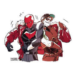  arsenal_(dc) batman_(series) batman_symbol belt bodysuit dc_comics domino_mask eye_mask grey_bodysuit jason_todd jjmk-jjmk mask multicolored_bodysuit muscular muscular_male red_bodysuit red_hood_and_the_outlaws red_mask roy_harper superhero_costume taut_bodysuit taut_clothes two-tone_bodysuit utility_belt western_comics_(style) 